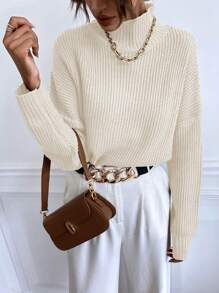 RosyDaze Mock Neck Ribbed Knit Pullover Fall Winter Sweater - Beige - View 3