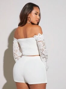 SHEIN SXY Áo sơ mi nữ Tương phản ren Ren lên Dải chun màu trơn Thanh lịch - trắng - Xem 2