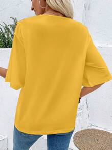 EMERY ROSE Figure Graphic Asymmetrical Neck Tee Graphic Tees Women Tops - Yellow - View 2