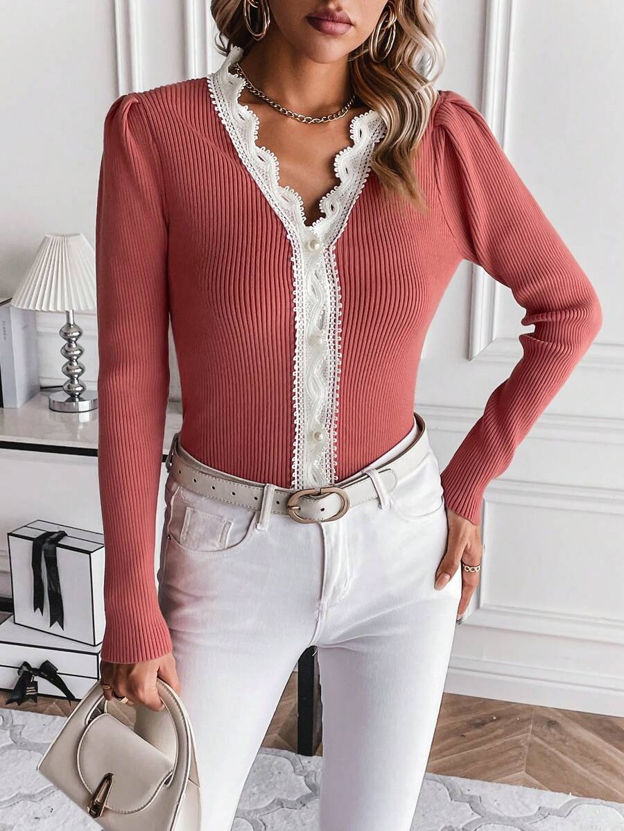 SHEIN Unity Contrast Lace Trim Ribbed Knit Puff Sleeve Cardigan Fall Cloth For Women - Redwood - View 1