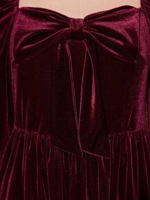 Rotes Samtkleid mit Schmetterlingskragen und Gigotärmeln für Teenager-Mädchen, vielseitig einsetzbar für Valentinstag, Neujahr, Partys, Feiertagsoutfits - Bordeaux - Übersicht 6