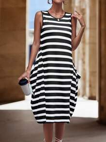 SHEIN LUNE Striped Print Tank Dress - Black and White - View 4