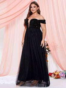 Plus Off Shoulder Mesh Formal Dress - Black - View 4