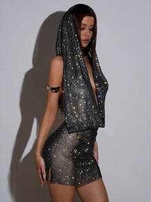 Rave Festival Gorgeous Draped Collar Rhinestone Fishnet Sheer Mesh Overlay Backless Split Side Hooded Party Clubwear Mini Dress Valentine Night Outfit - Black - View 1