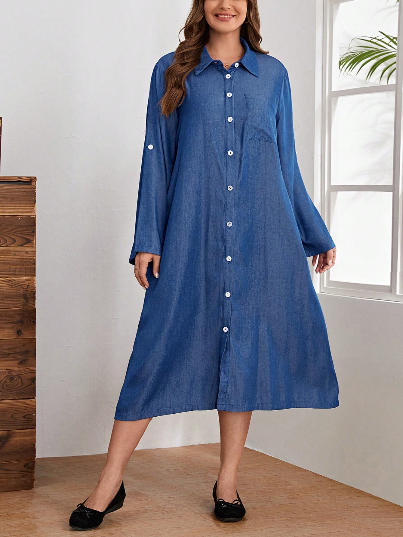 EMERY ROSE Plus Roll Tab Sleeve Pocket Patched Shirt Dress SHEIN USA