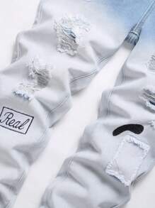 Teen Boy's Summer Breathable Color Block Sea Salt Blue Distressed Print Denim Jeans - Light Wash - View 8