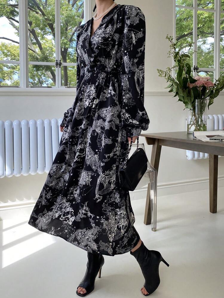 Allover Floral Print Lantern Sleeve Tie Back Dress,Ruffle,Fall Dress Long Sleeve Dress Vacation Outfits Women Boho