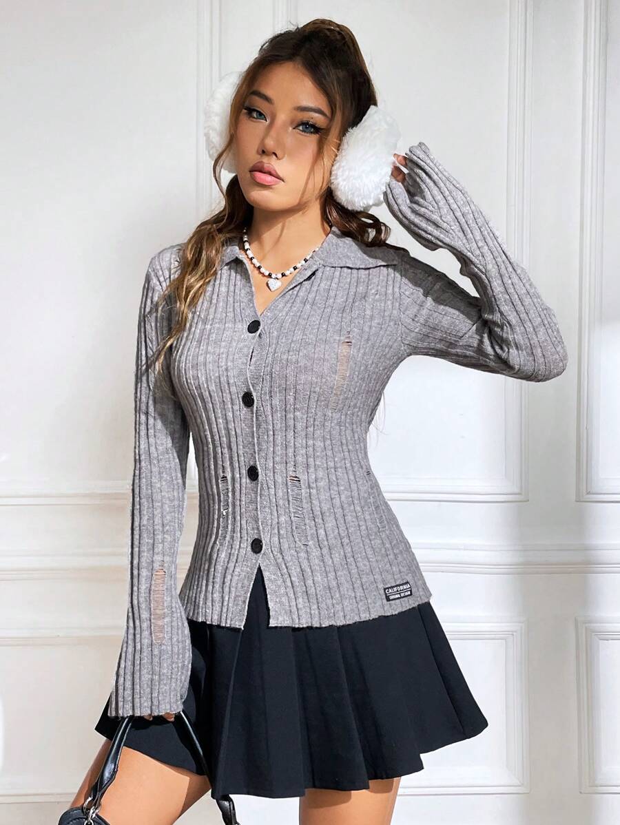 SHEIN EZwear Button Front Ripped Cardigan - Grey - View 1