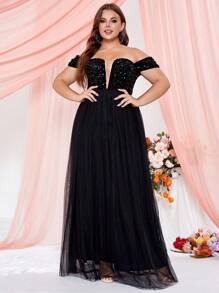 Plus Off Shoulder Mesh Formal Dress - Black - View 1
