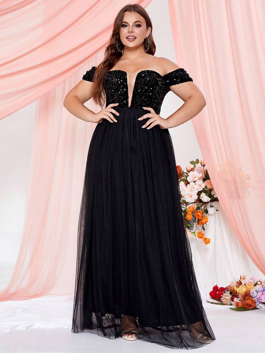 Plus Off Shoulder Mesh Formal Dress - Black - View 1