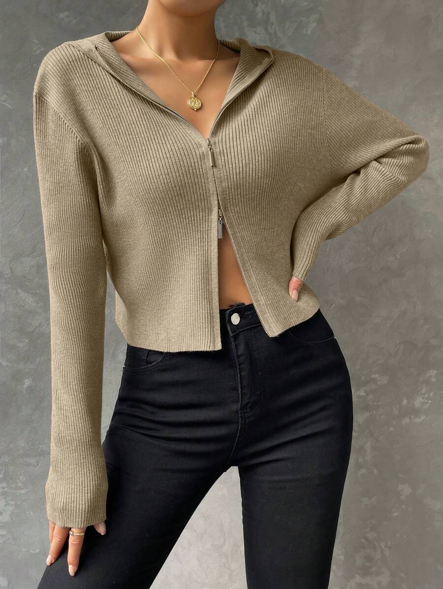 SHEIN EZwear Ribbed Knit Zip Up Hooded Cardigan - Apricot - View 1