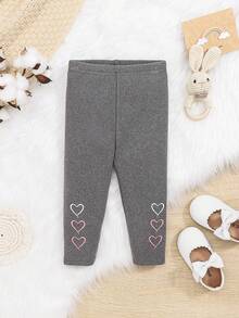 SHEIN Quần legging lót nhiệt thêu hình trái tim dày ấm áp dễ thương cho bé gái, mùa đông - Xám - Xem 5