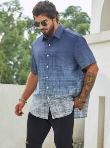 Manfinity Homme 男士加大渐变色短袖领扣衬衫 - 藍色 - 查看 6