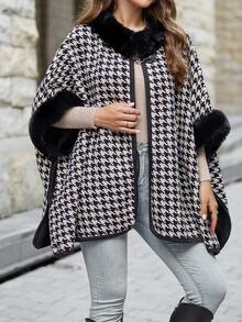 SHEIN Clasi 千鳥格圖案毛茸邊蝙蝠袖開襟衫 - 彩色 - 查看 5