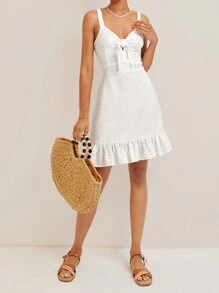 EURMUSE Knot Front Ruffle Hem Schiffy Cami Dress - White - View 4
