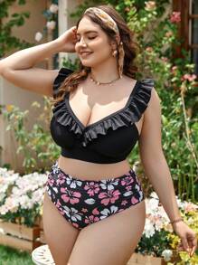 SHEIN Swim Curve Plus Floral Print Ruffle Trim Bikini Set, For Summer Beach Vacation - Multicolor - View 6