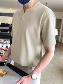 DAZY 男士素色缺口領T恤 - 米色 - 查看 3