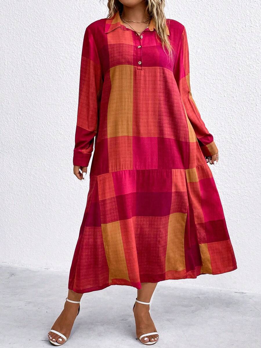 SHEIN LUNE 休閒前紐扣格子加大洋裝 - 彩色 - 查看 1