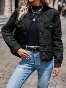 SHEIN Frenchy Chi tiết về Flap Áo khoác Quilted - màu đen - Xem 4