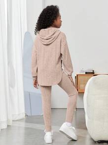 SHEIN Tween Girls Drop Shoulder Curved Hem Hooded Tee & Leggings