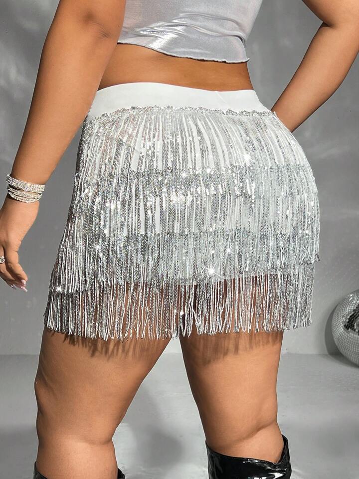 Adult Sequin Fringed Skirt - Silver main image 1