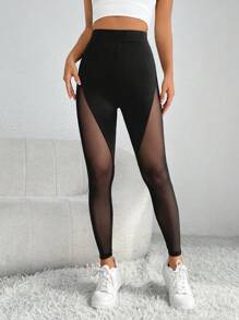 SHEIN PETITE Contrast Mesh Leggings - Black - View 3