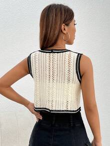 SHEIN PETITE 花卉圖案撞色滾邊前紐扣短款背心開衫 - 米色 - 查看 2