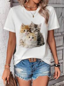 SHEIN LUNE Áo thun nữ cổ tròn ngắn tay in hình mèo giản dị và đơn giản, thích hợp cho mùa hè - trắng - Xem 4