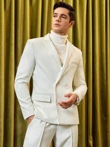 Manfinity VCAY Men Solid Blazer & Seam Detail Suit Pants - White - View 4