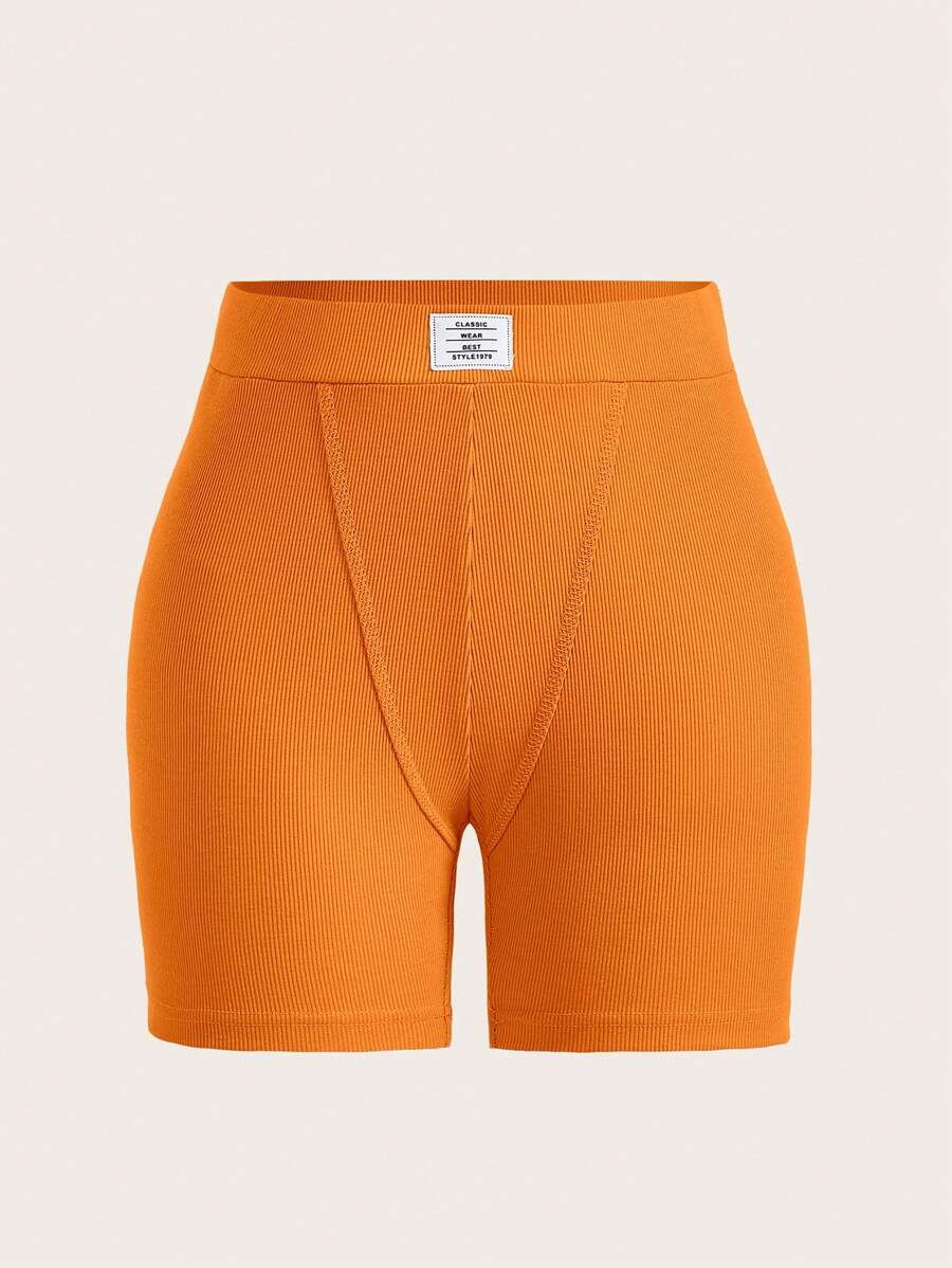 SHEIN EZwear 字母貼布騎行褲 - 橘色 - 查看 1