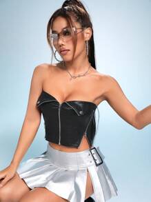 SHEIN ICON Women Summer Sexy Glitter Zipper Slim Fit Cropped Strapless Crop Top - Black - View 3