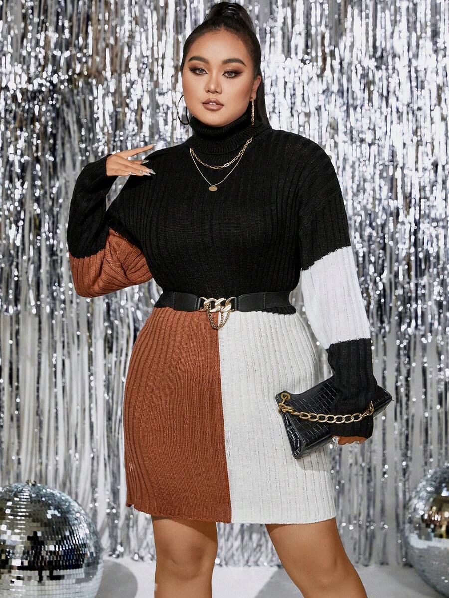 Celure Hơn Khối màu Áo cao cổ Thả vai Đầm Áo len Không có thắt lưng - Nhiều màu - Xem 1