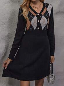 SHEIN LUNE Argyle Pattern Button Front Sweater Dress - Black - View 5