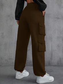 SHEIN EZwear Quần bó sát có túi nắp chắc chắn - Cà phê nâu - Xem 4