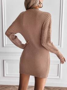 SHEIN Unity Kabelstickad Nedhasade aclar Sweater Klänningar - Kaffebrun - Visa 2