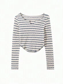 條紋圖案缺口領T恤