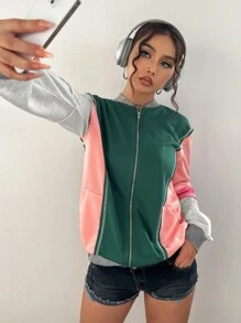 SHEIN Unity Áo khoác nhẹ có khóa kéo họa tiết tương phản thời trang thường ngày dành cho nữ, Xuân/Thu - Nhiều màu - Xem 3