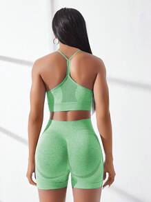 SHEIN Core Rhythm 無縫運動內衣背心連車手短褲，女排球套裝 - 綠色 - 查看 6