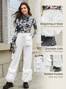 In My Nature Flap Pocket Drawstring Waist Cargo Outdoor Pants - White - View 3