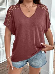 SHEIN Clasi Plus Contrast Lace Batwing Sleeve Tee - Red - View 5