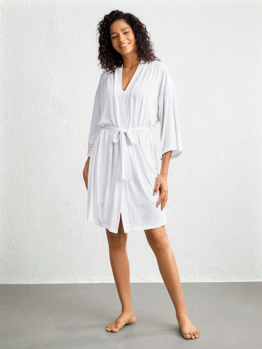 Ocili Thả vai Thắt lưng Trường bào mặc nhà - trắng - Xem 1