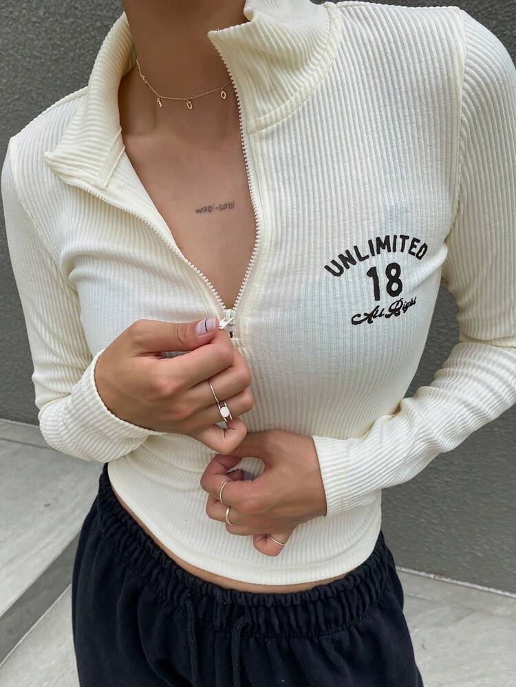 Letter Graphic Zip Up Ribbed Knit Crop Tee,Fall Clothes Long Sleeve Women Tops