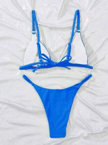 SHEIN Swim 夏季沙灘純色三角褲式比基尼套裝 - 藍色 - 查看 2