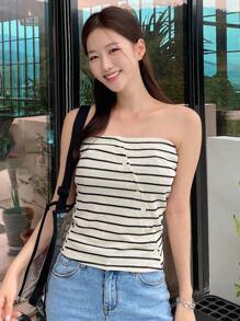 DAZY 條紋印花抹胸上衣 - 黑與白 - 查看 3