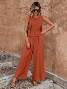 SHEIN Unity Button Back Ruffle Hem Top & Wide Leg Pants - Orange - View 6