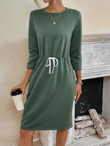 SHEIN LUNE Drawstring Waist Hidden Pocket Dress - Army Green - View 5