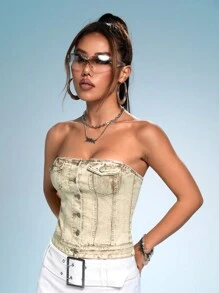 SHEIN ICON 翻蓋口袋前紐扣牛仔上衣 - 銅色 - 查看 6