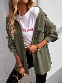 Flap Detail Drop Shoulder Corduroy Shirt - Green - View 3