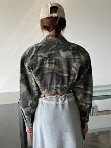 DAZY Camo Print Drop Shoulder Crop Denim Jacket - Army Green - View 2