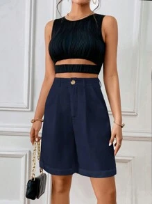 SHEIN Essnce Bermudas con cierre de cremallera - Azul Marino - Ver 1